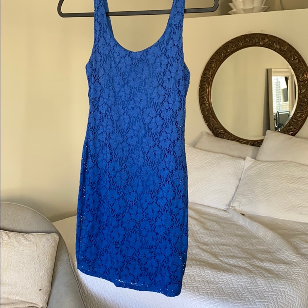 Blue lace overlay mini dress